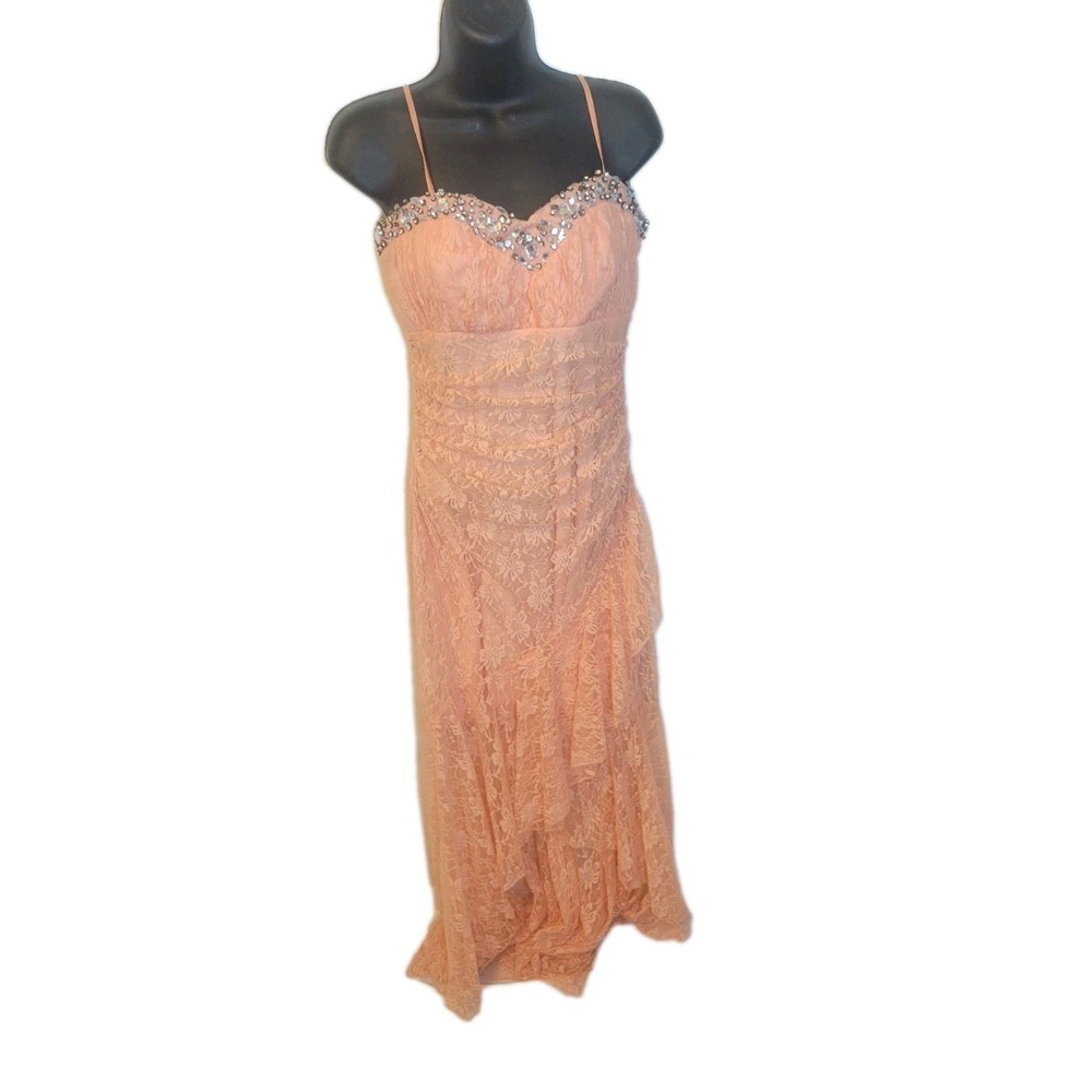 Y2K Peach Prom by Deb High Low Formal Dress, Peach‎ with Bling Lace Size 9